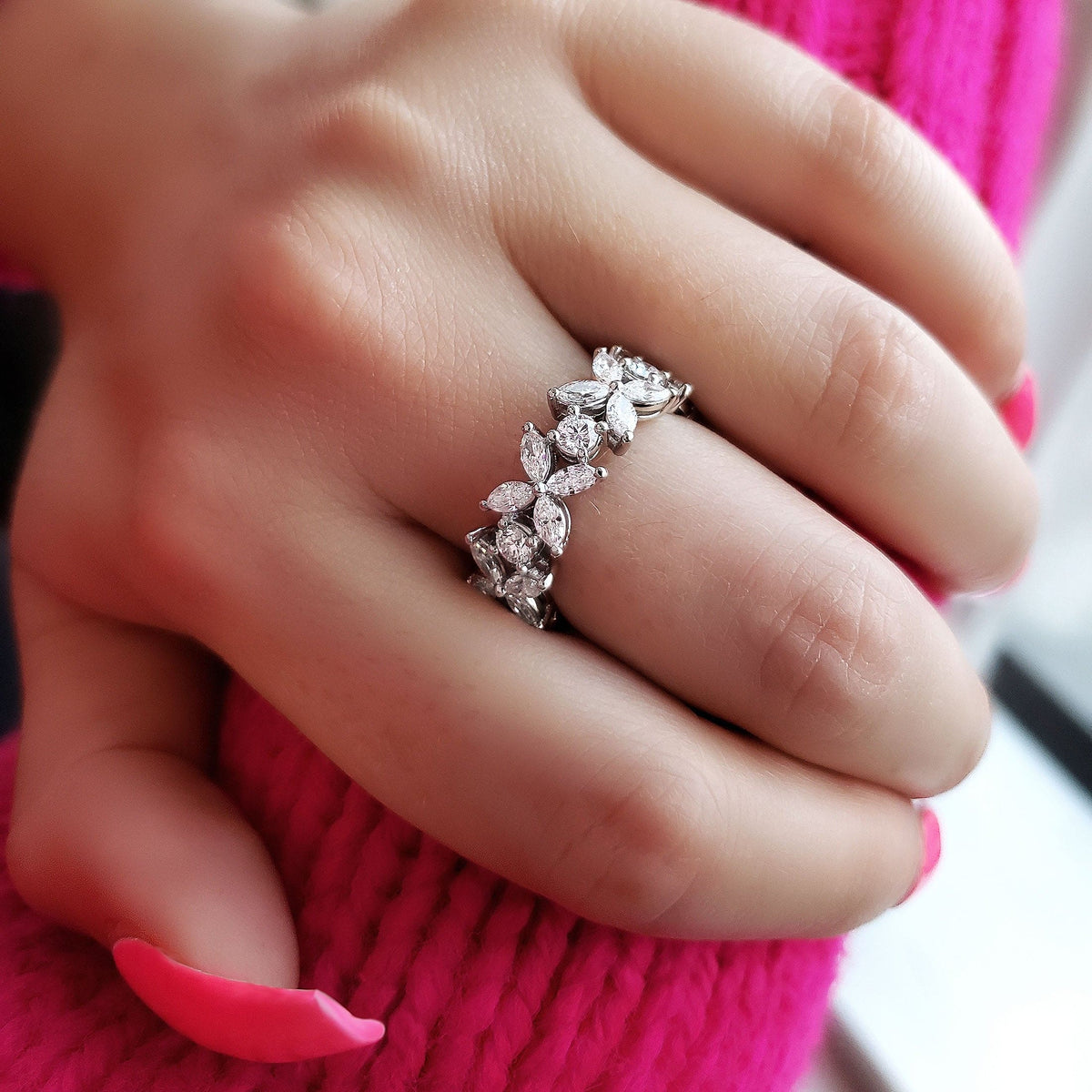 Flower eternity ring with marquise and round cut diamonds
