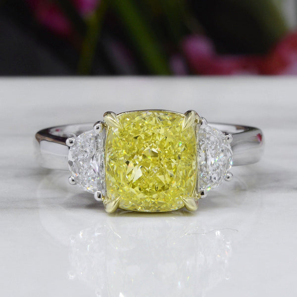 2.00 Ct. Fancy Light Yellow Canary Cushion & Half Moon Three-Stone Ring VS1 GIA Certified