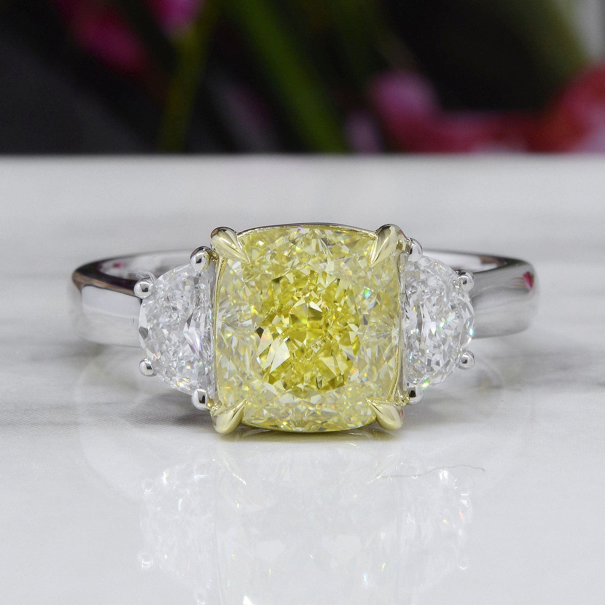 Yellow cushion & half moons 3 stone ring