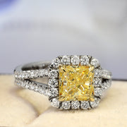 2.40 Ct. Canary Fancy Yellow Square Radiant Halo Diamond Ring VS2 GIA Certified