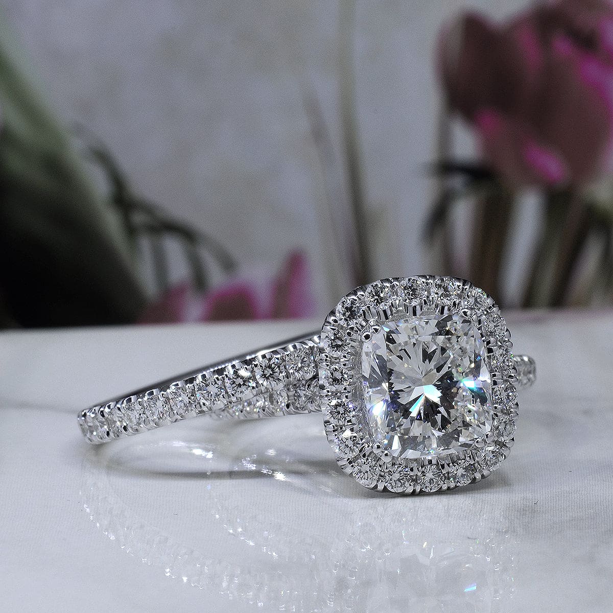 Cushion cut halo engagement ring set