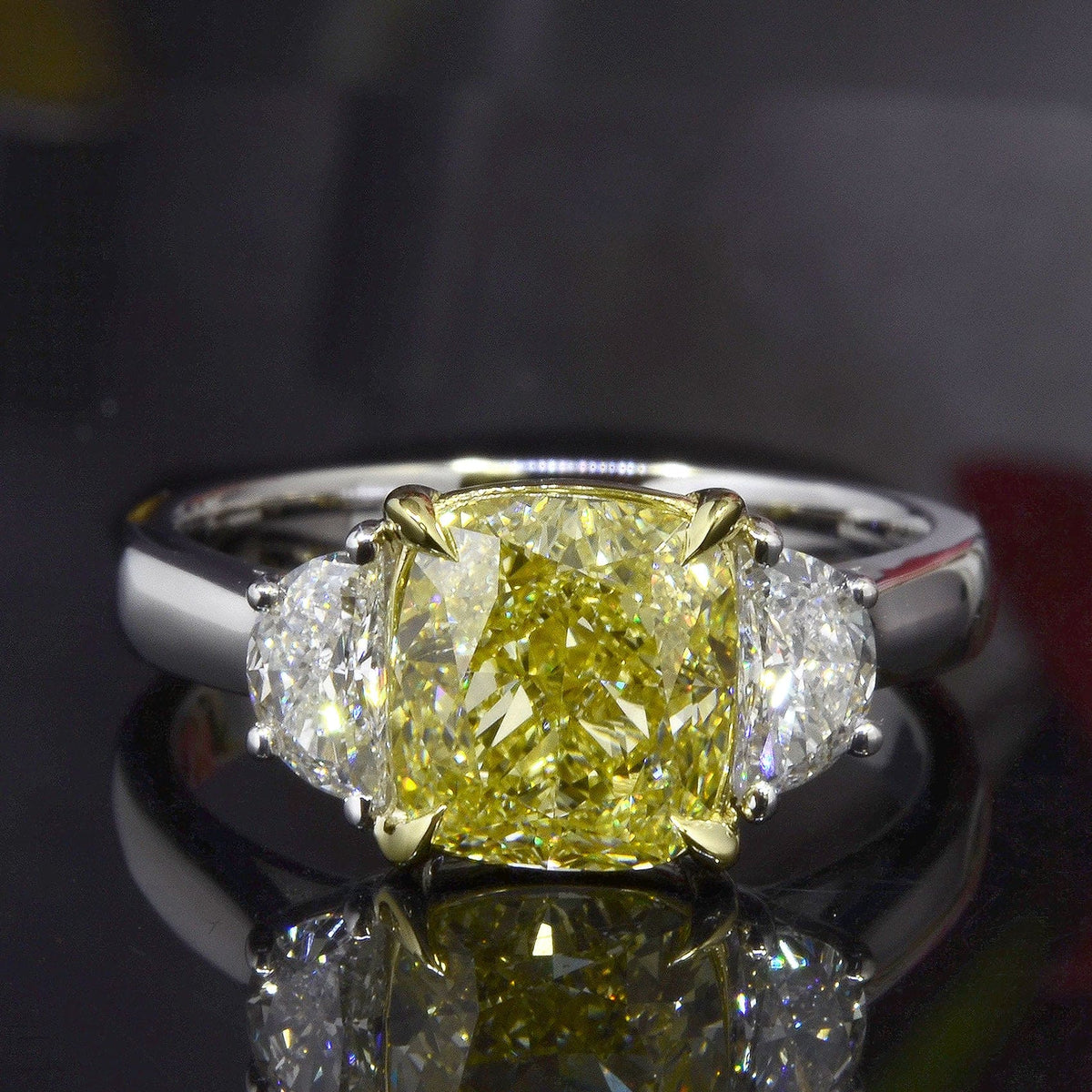 Canary fancy yellow cushion and half moons diamond ring