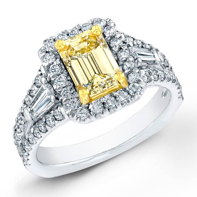 Yellow halo emerald cut diamond ring