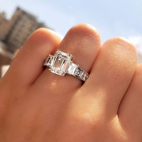 Emerald Cut Engagement Ring, 3 Stone Emerald Cut Diamond Ring, 3.2