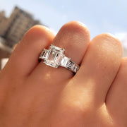 Emerald Cut 3 Stone Engagement Ring on Hand
