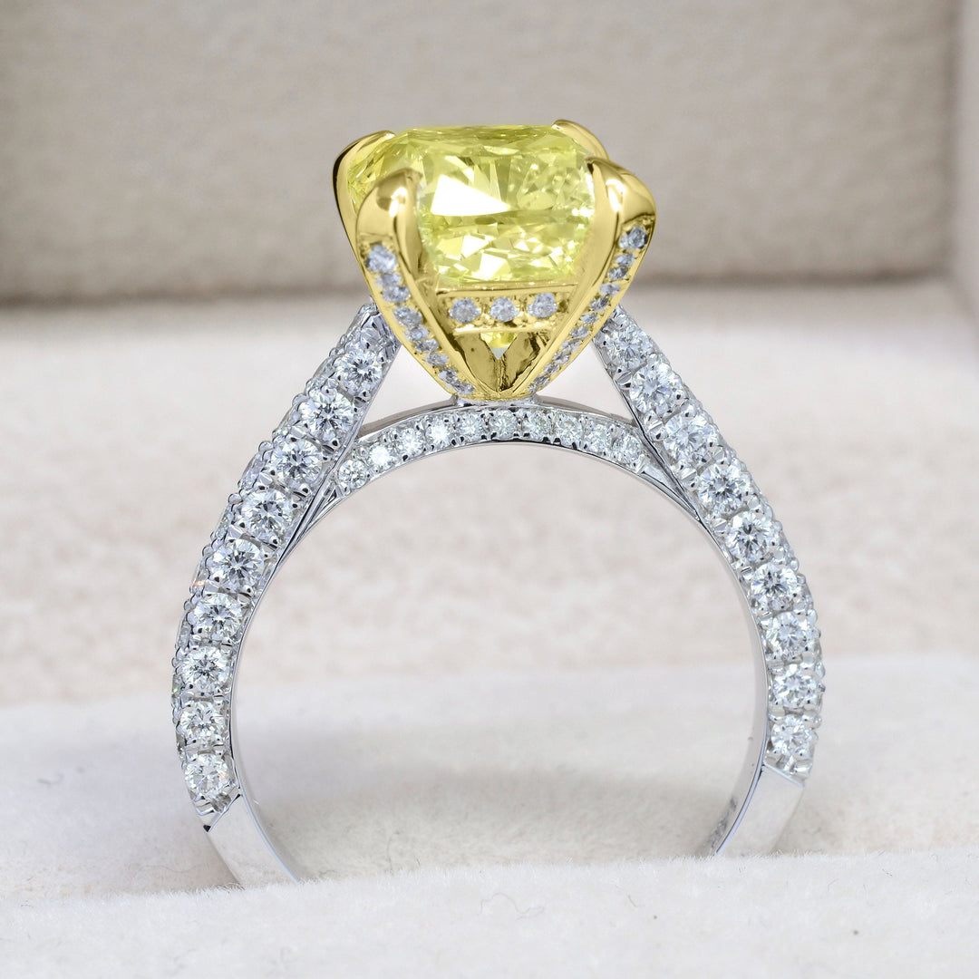 3.40 Ctw Canary Fancy Light Yellow Cushion Cut 3 Row Pave Ring VS1 GIA Certified