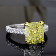 3.40 Ct. Canary Fancy Light Yellow Cushion Cut 3 Row Pave Diamond Ring VS1 Clarity GIA Certified