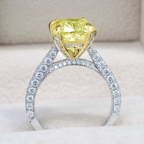 3.40 Ct. Canary Fancy Light Yellow Cushion Cut 3 Row Pave Diamond Ring VS1 Clarity GIA Certified