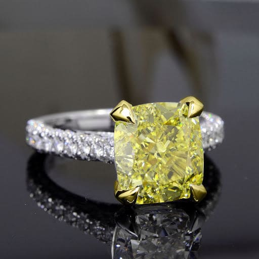 3.40 Ct. Canary Fancy Light Yellow Cushion Cut 3 Row Pave Diamond Ring VS1 Clarity GIA Certified