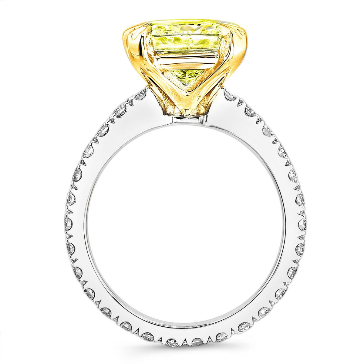 Elongated yellow radiant cut engagement ring side profile