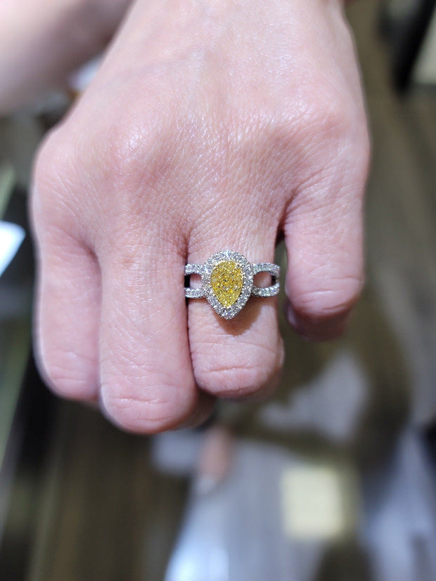 1.60 Ct Fancy Yellow Pear Shaped Halo Split Shank Engagement Ring VS1 GIA Certified