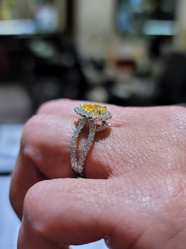 1.60 Ct Fancy Yellow Pear Shaped Halo Split Shank Engagement Ring VS1 GIA Certified