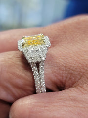 3.70 Ct. Fancy Yellow Radiant Cut Halo Split Shank Engagement Ring SI1 GIA Certified