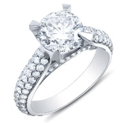 3 Row Pave Diamond Engagement Ring with Pave on Prongs