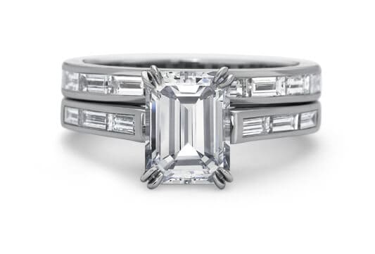 Emerald cut engagement ring with baguettes