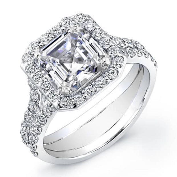Halo asscher cut split shank engagement ring