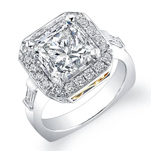 Halo princess cut diamond ring with baguettes