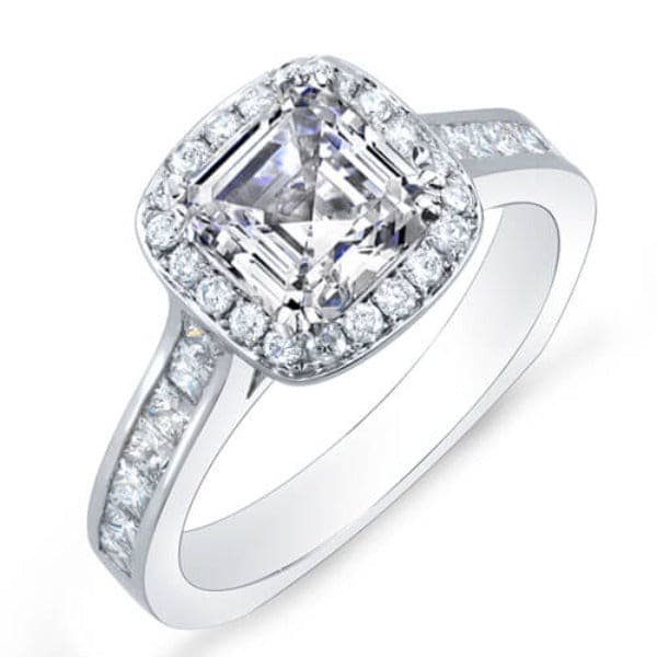 Asscher halo engagement ring with accents