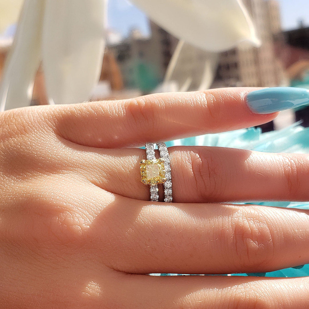 1.25 Ct. Fancy Yellow Canary Cushion Cut Ring With Side Diamonds VS2 GIA