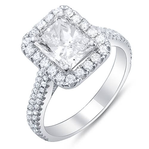 Elongated halo radiant cut engagement ring
