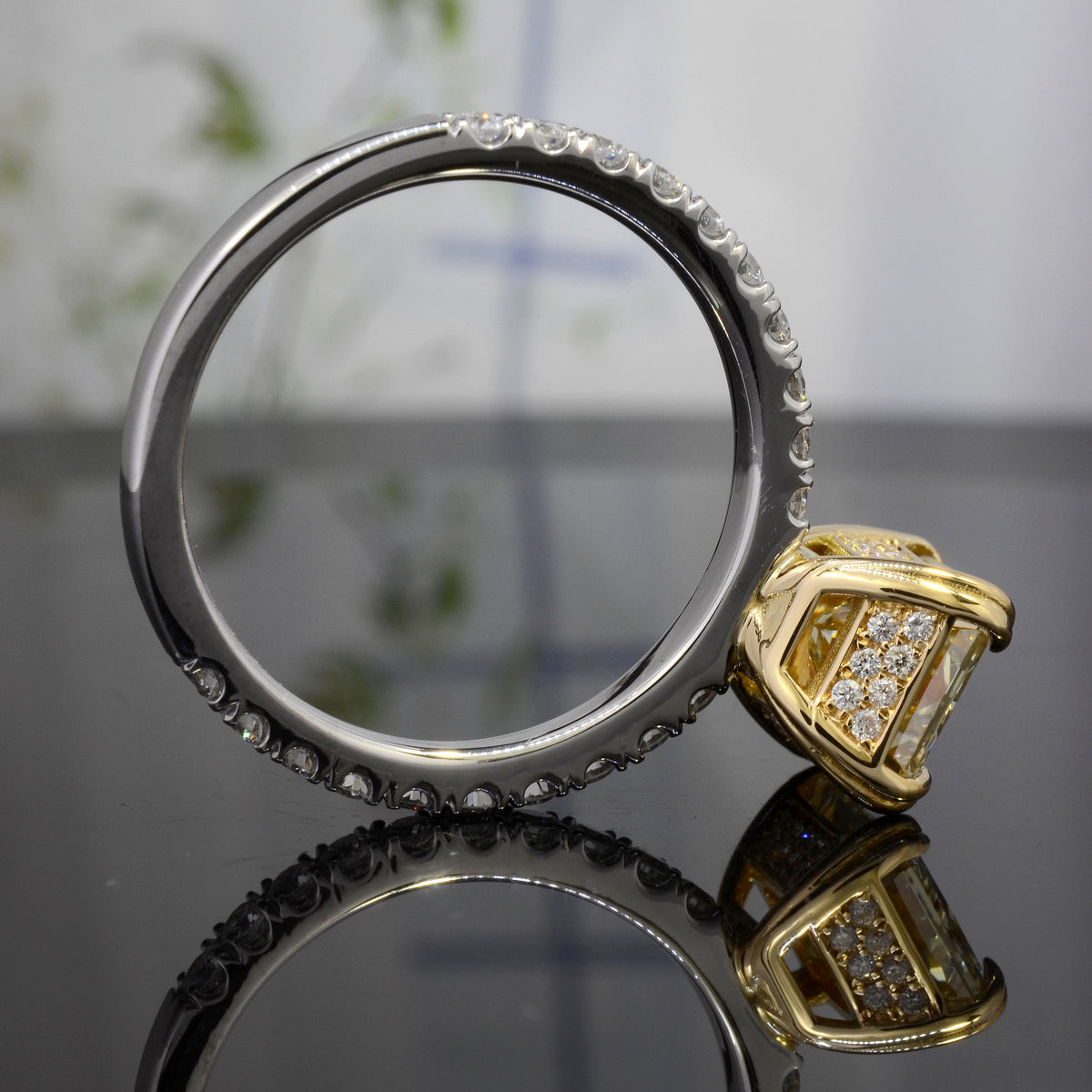 Canary fancy light yellow radiant cut engagement ring profile view