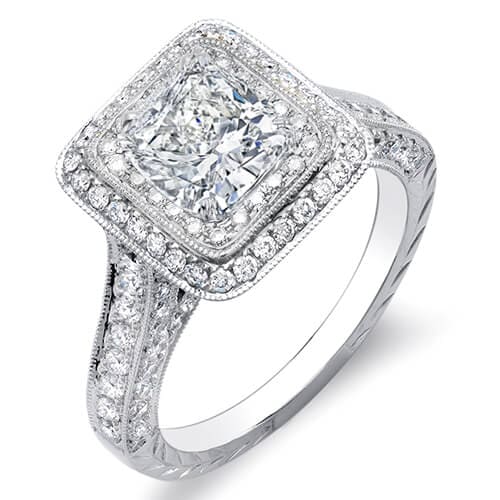 Cushion double halo hand carved diamond ring