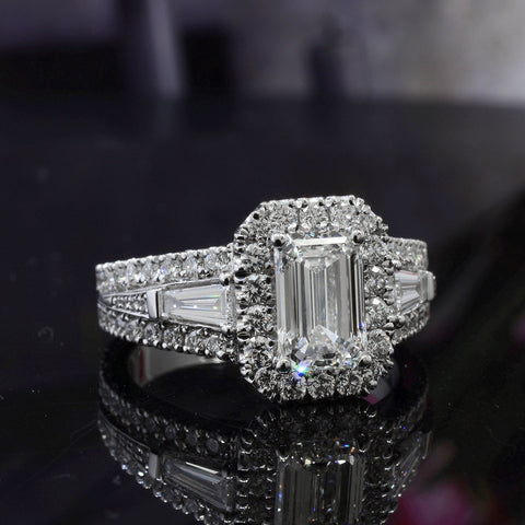 2.60 Ct. Halo Emerald Cut Diamond Ring w Baguettes H Color VS1 GIA Certified