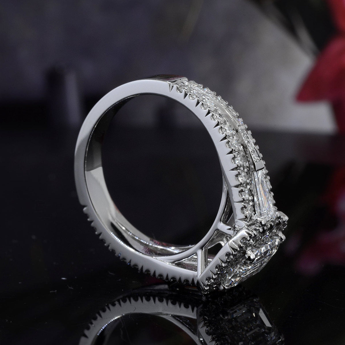 Halo emerald cut diamond ring w baguettes side profile