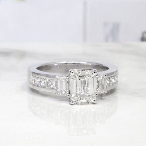 3.10 Ct. 3 Stone Emerald Cut Engagement Ring w Accents G Color VS1 GIA Certified