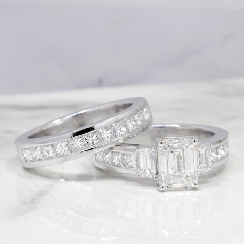  Emerald Cut 3Stone Diamond Ring with Accents with Matching Band