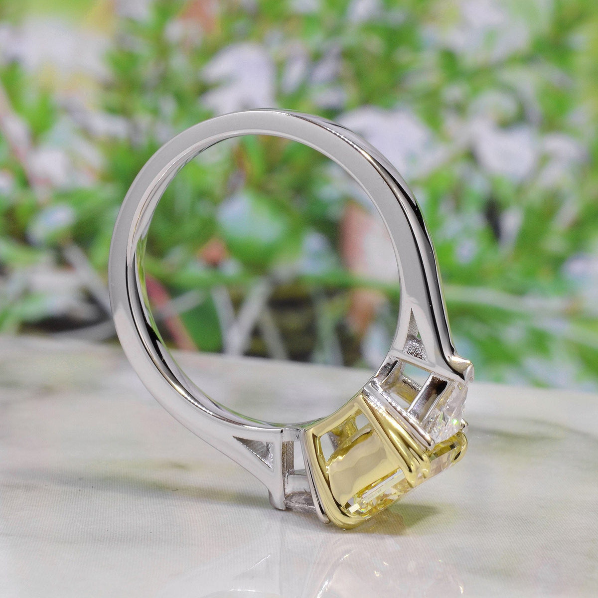 Yellow radiant & trillions 3 stone diamond ring side profile