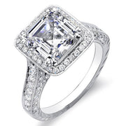 3.19 Ct. Asscher Cut w/ Round Cut One Row Halo Diamond Engagement Ring H,SI1 GIA