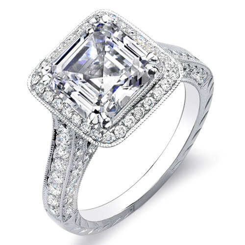 Hand carved asscher cut halo engagement ring
