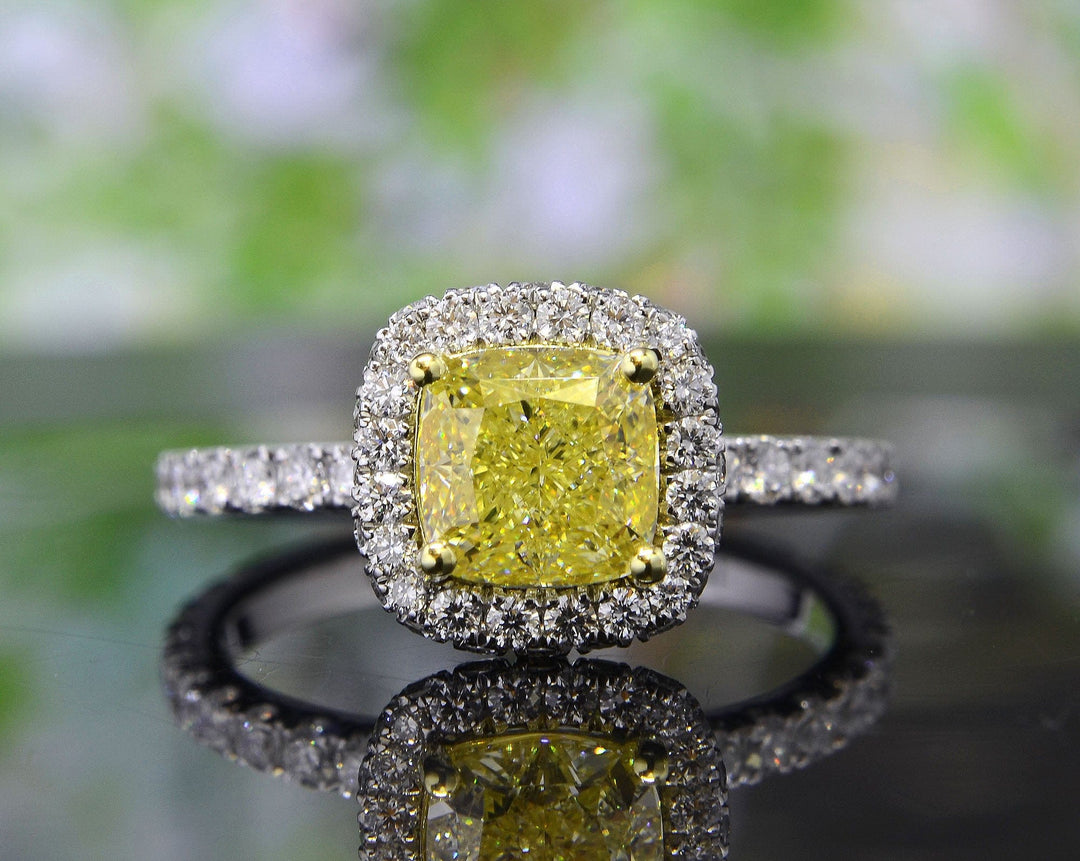 2.90 Ct. Halo Canary Fancy Intense Yellow Cushion Cut Ring VS1 GIA Certified