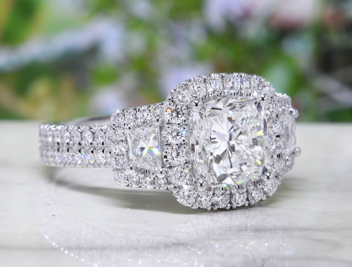Halo cushion cut & trapezoids engagement ring