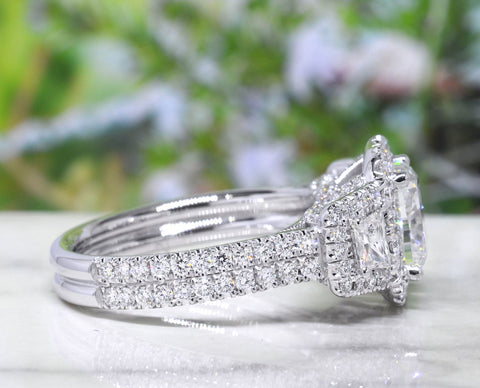 Halo Cushion Cut & Trapezoids Engagement Ring