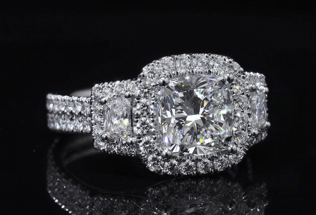 3.20 Ct. Halo Cushion & Trapezoids Engagement Ring J Color VS2 GIA Certified