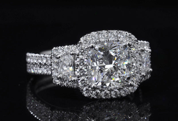 3.20 Ct. Halo Cushion & Trapezoids Engagement Ring J Color VS2 GIA Certified