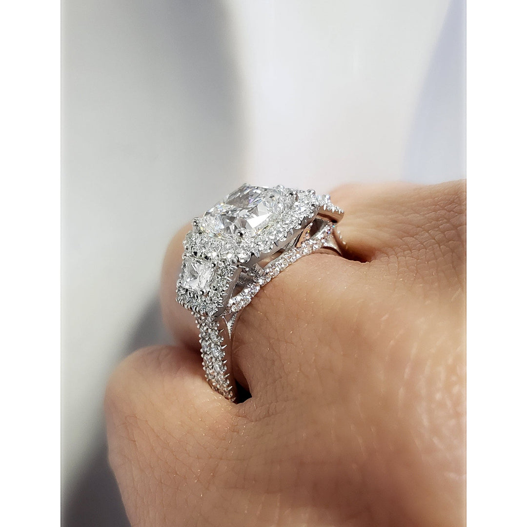 2.20 Ct. Halo 3 Stone Asscher & Trapezoids Diamond Ring G Color VS1 GIA Certified