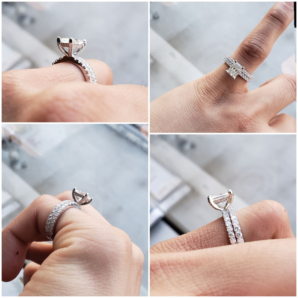 Radiant cut hidden halo engagement ring set on hand