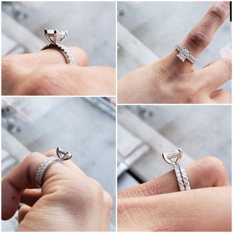 Radiant Cut Hidden Halo Engagement Ring Set on Hand