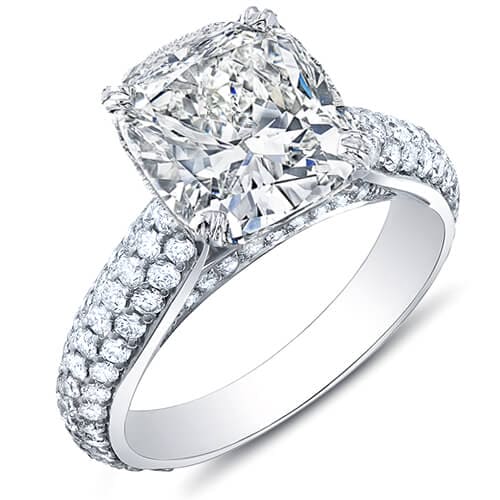 Cushion engagement ring with hidden halo