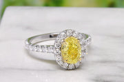 2.10 Ct. Halo Canary Fancy yellow Oval Cut Diamond Ring VS1 Clarity GIA Certified