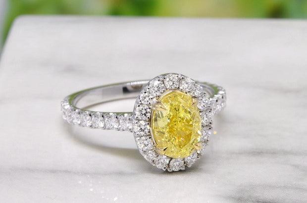 2.10 Ct. Halo Canary Fancy yellow Oval Cut Diamond Ring VS1 Clarity GIA Certified
