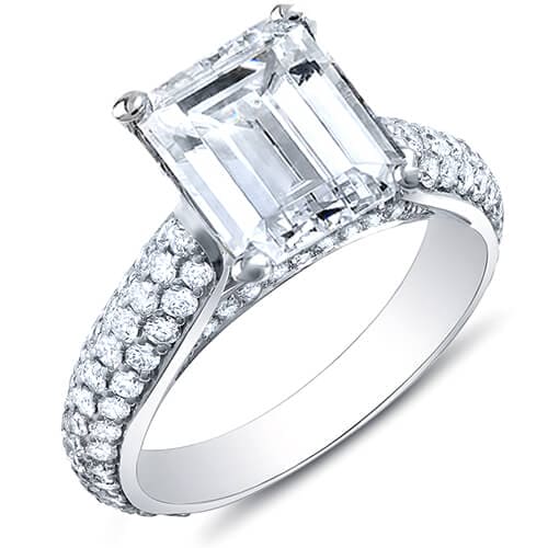 Emerald cut 3 row pave diamond engagement ring