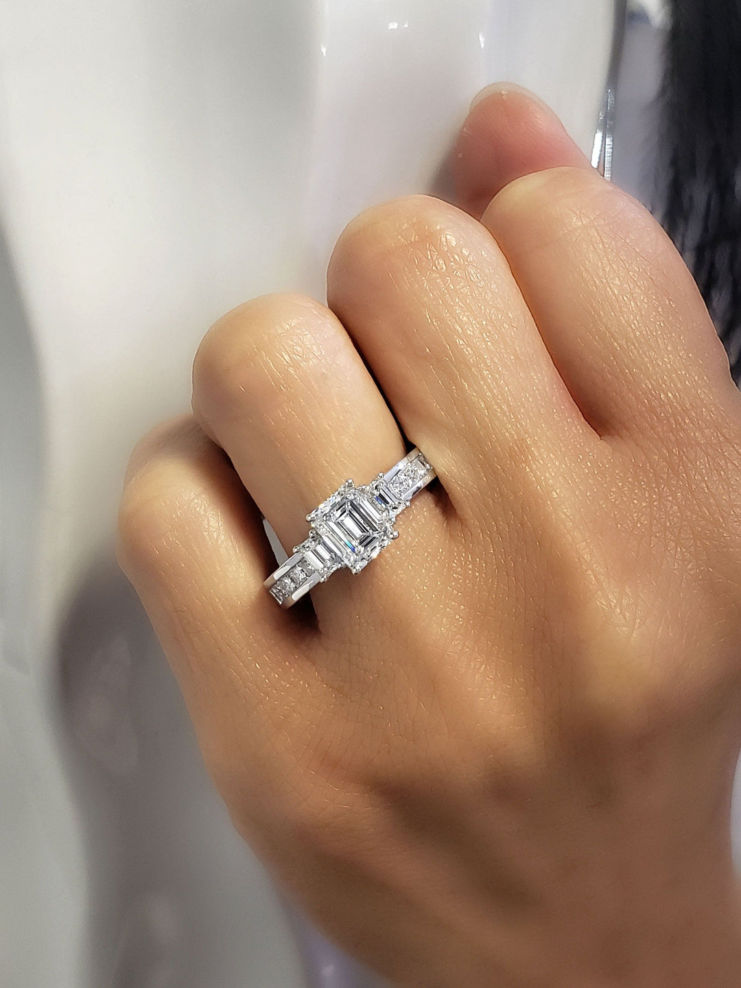 2.70 Ct. 3 Stone Emerald Cut & Princess Engagement Ring F Color VS1 GIA Certified