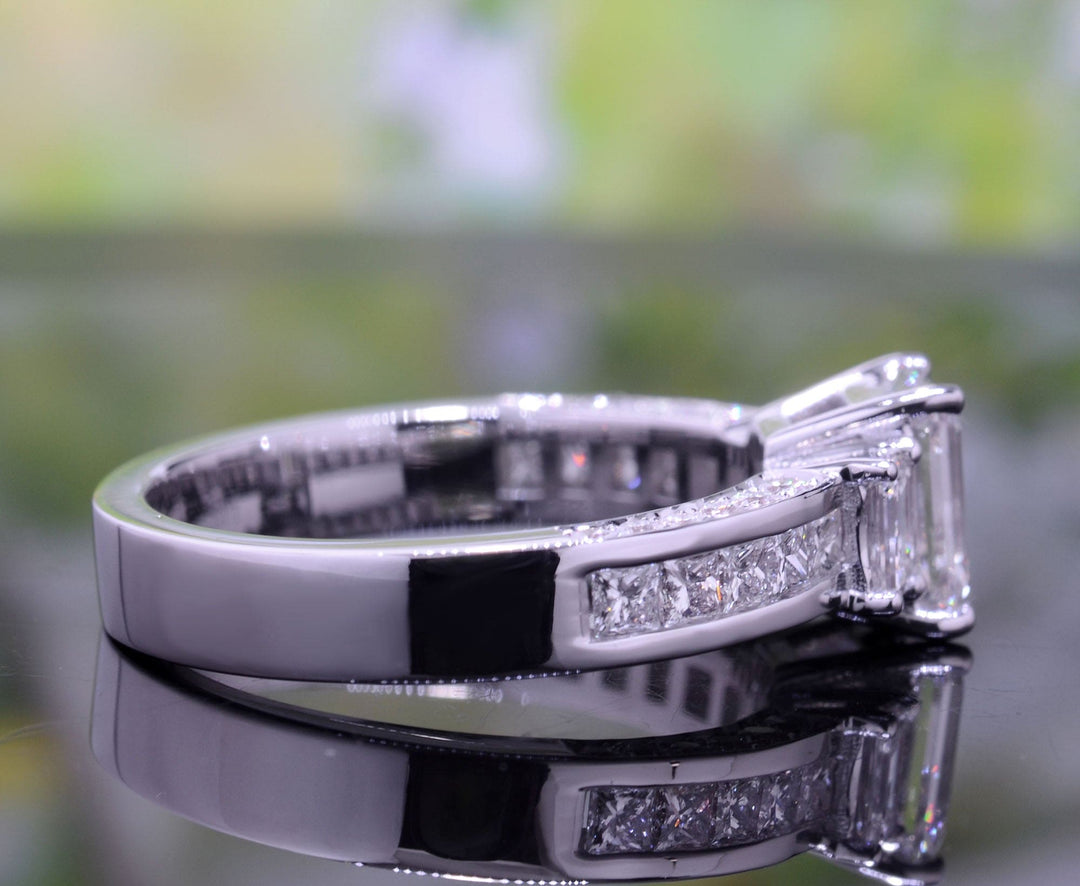 2.70 Ct. 3 Stone Emerald Cut & Princess Engagement Ring F Color VS1 GIA Certified