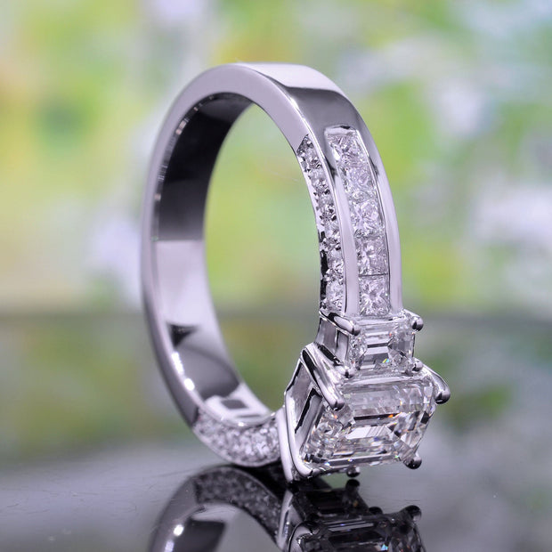 2.40 Ct. 3 Stone Emerald Cut Diamond Ring w Accents I Color VS2 GIA Certified