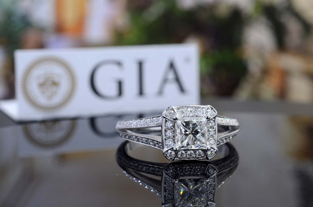 Princess Cut Halo Engagement Ring GIA 