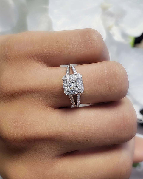 Princess Cut Halo Engagement Ring on Hand